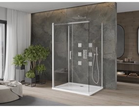 Mexen Omega, 3-stenový sprchovací kút s posuvnými dverami 140 (dvere) x 100 (stena) x 190 cm, 8mm číre sklo, chrómový profil + biela sprchová vanička SLIM, 825-140-100-01-00-3S-4010