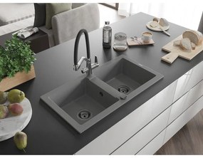 Mexen Mario, granitový drez 820x436x161 mm, 2-komorový a drezová batéria Duo, šedá, 6504-71-671701-07-B