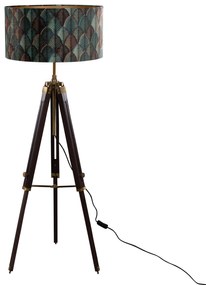 Mosadzná stojaca lampa na trojnožke s velúrovým tienidlom s dizajnom listov a zlatým vnútorným povrchom - Cortin