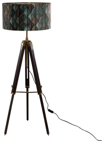 Mosadzná stojaca lampa na trojnožke s velúrovým tienidlom s dizajnom listov a zlatým vnútorným povrchom - Cortin