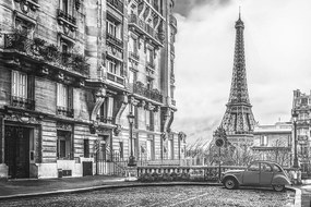 Samolepiaca tapeta čiernobiela Eiffelova veža z ulice Paríža - 450x300