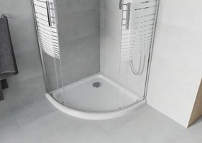 Mexen Rio, štvrťkruhový sprchovací kút s posuvnými dverami 80 x 80 cm, 6mm číre sklo/pásy, chrómový profil + biela sprchová vanička, 863-080-080-01-20-4110