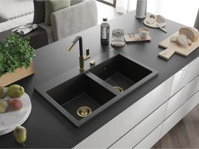 Mexen Hektor, 2-komorový granitový drez 800x480x205 mm, čierna, zlatý sifón,- 6521802000-77-G