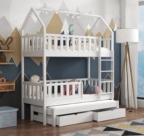 Detská domčeková poschodová posteľ z masívu borovice OTA s prístelkou a šuplíky - 200x90 cm - BIELA
