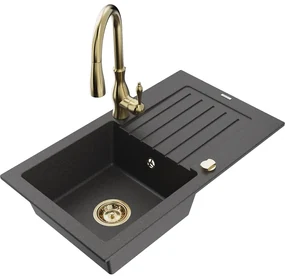 Mexen Pablo, granitový drez 752x436x161 mm, 1-komorový a drezová batéria Savita, čierna škvrnitá, 6510-76-672601-50