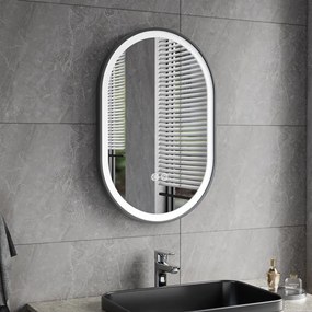 Erga Gwen, oválne LED zrkadlo 40x60cm v čiernom kovovom ráme, 3 farby svetla, predné osvetlenie, vyhrievacia podložka proti zapareniu, ERG-V01-GWEN-4060-BK