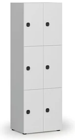 Drevená šatníková skrinka s úložnými boxmi, 6 boxov, demont, kódový zámok, sivá/biela