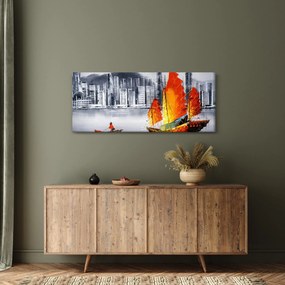 Obraz - Victoria Harbor, Hong Kong, čiernobiela olejomaľba (120x50 cm)