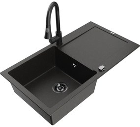 Mexen Leo, 1-komorový granitový drez 900x500x190 mm a drezová batéria Elia, čierna-zlatá metalíza, 6501-75-670101-70-B