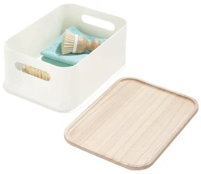 Biely úložný box s vekom z dreva paulownia iDesign Eco Handled, 21,3 x 30,2 cm