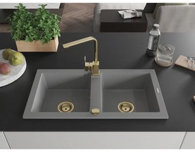 Mexen Mario, granitový drez 820x436x161 mm, 2-komorový, šedá so zlatým sifónom a zlatá drezová batéria Rita, 6504-71-670300-50