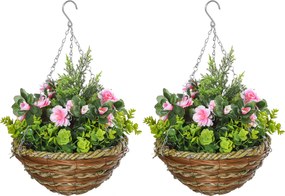 Outsunny Sada 2 Umelých Rastlín Lisianthus s Kvetináčom a Hákom, Umelé Rastliny z PE a Prútia, Ø25x34 cm, Zelená a Ružová | Aosom