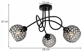 Stropné svietidlo Crystal, 3x čierne krištáľové tienidlo, b
