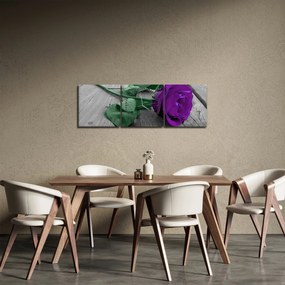 Obraz - Fialová ruža so zelenou stonkou (s hodinami) (90x30 cm)