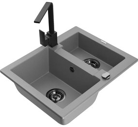 Mexen Carlos, 1,5-komorový granitový drez s odkvapkávačom 582x475x177 mm a čierna kuchynská batéria Rita, šedá, 6518-71-670300-70-B