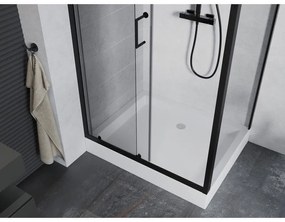 Mexen Apia, sprchový kút s posuvnými dverami 120 (dvere) x 90 (stena) cm, 6mm číre sklo, čierny profil + biela sprchová vanička RIO, 840-120-090-70-00-4510