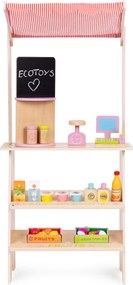 ECOTOYS Drevený detský trh s pokladňou, váhou a 20 dielmi