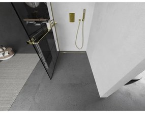 Mexen Kioto+ L, sprchová zástena Walk-In s poličkou a vešiakom 120 x 200 cm, 8mm číre sklo čierny vzor, zlatý lesklý profil,800-120-123-50-77