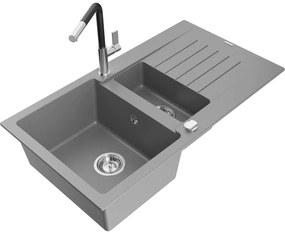 Mexen Matias, 1,5-komorový granitový drez 900x505x200 mm a drezová batéria Flora, šedá, 6502-71-670401-07
