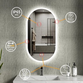 Erga Demi, oválne LED zrkadlo 50x90cm, 3 farby svetla, predné osvetlenie, vyhrievacia podložka proti zapareniu, ERG-V01-DEMI-5090-CL