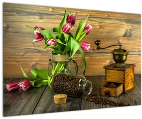 Obraz - tulipány, mlynček a káva (90x60 cm)