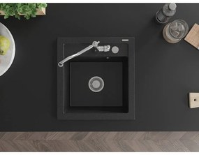 Mexen Vito, granitový drez 490x520x210 mm, 1-komorový a drezová batéria Carla, čierna-strieborná metalíza, 6503-73-670700-00