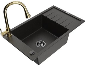 Mexen Elias, 1-komorový granitový drez 795x480x200 mm a drezová batéria Elia, čierna-zlatá metalíza, 6511-75-670101-50-B