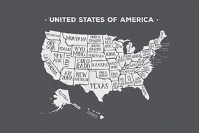 Samolepiaca tapeta náučná mapa USA v čiernobielom - 225x150