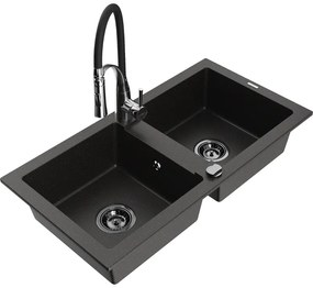 Mexen Mario, granitový drez 820x436x161 mm, 2-komorový a drezová batéria Aster, čierna-zlatá metalíza, 6504-75-73450-07-B