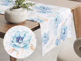 Biante Teflónový behúň na stôl TF-087 Modré kvety na geometrickom bielom 35x160 cm