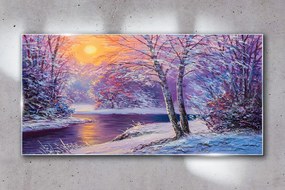 Skleneny obraz Zimné les les západ slnka na rieke