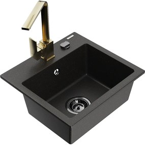 Mexen Milo, 1-komorový granitový drez 435x410x171 mm a zlatá batéria Rita, čierna-zlatá metalíza, 6505-75-670300-50-B