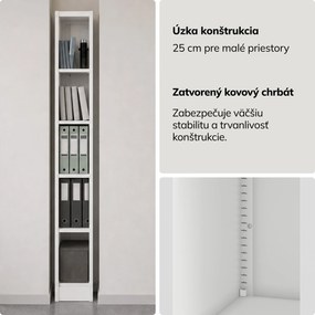 Úzky kovový archivačný regál na dokumenty biely, 250x1950x400 mm: TIM