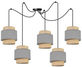 Závesné svietidlo Boho Spider, 5x jutové/sivé textilné tienidlo