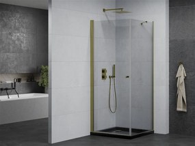 Mexen Pretoria, sprchovací kút 70 (dvere) x 70 (stena) cm, 6mm číre sklo, zlatý profil + čierna sprchová vanička, 852-070-070-50-00-4070G