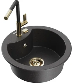 Mexen Diego, 1-komorový granitový drez 488x488x167 mm a drezová batéria Flora, čierna škvrnitá, 6512-76-670401-57-G