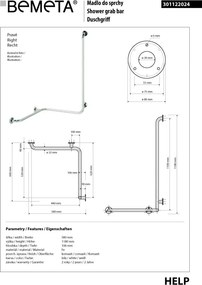 Bemeta Design HELP: Madlo, v tvare L, rohové, pravé, bez krytky, biela - 301122024