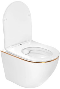 Rea Carlo Mini, závesná WC misa 49x37 cm Rimless s pomaly padajúcim toaletným sedadlom, biela-zlatý okraj, REA-C1222