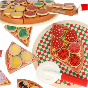 KIK Drevená hracia súprava Pizza s príslušenstvom na krájanie a zdobenie, 27 ks