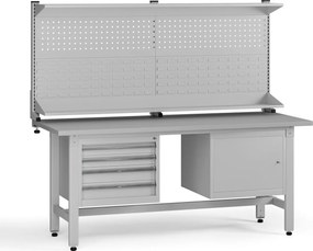 Výškovo nastaviteľný dielenský stôl G5 s nadstavbou, 1800 x 750 x 800-1000 mm, 1x skrinka, 4 zásuvky, sivá
