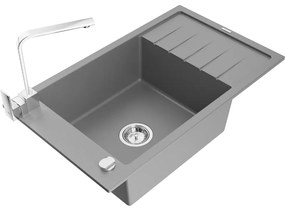 Mexen Elias, granitový drez granitový 795x480x200 mm, 1-komorový, šedá s chrómovým sifónom a chrómová drezová batéria Rita, 6511-71-670300-00