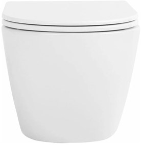 Rea Carlo Mini, závesné záchodová misa Tornado Rimless 485x365x350 mm + WC sedadlo, biela lesklá, REA-C8770
