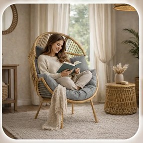 Kreslo CEZARE Boho Cocoon do obývačky, ratan, sivé