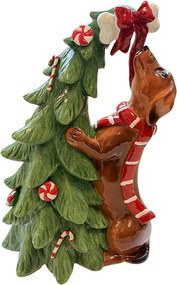 Vianočné dekorácie figúrka psa jazvečík pri stromčeku – 23*16*32 cm