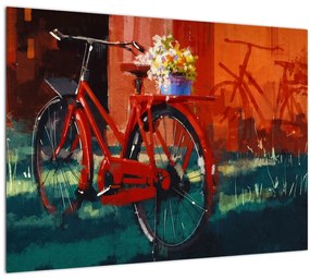 Sklenený obraz červeného kolesa, akrylová maľba (70x50 cm)