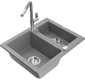 Mexen Carlos, 1,5-komorový granitový drez 582x475x177 mm a drezová batéria Flora, šedá, 6518-71-670401-06