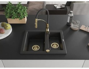 Mexen Carlos, 1,5-komorový granitový drez 582x475x177 mm a drezová batéria Aster, čierna, 6518-77-73450-57-G