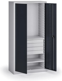 Policová dielenská skriňa 2-dverová, 2 police + 4 zásuvky, 1950 × 950 × 500 mm, grafitové dvere