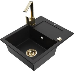 Mexen Enzo, granitový drez 576x465x174 mm, 1-komorový, zlatá batéria Rita, čierna, 6506-77-670300-50