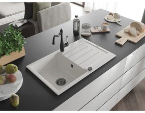Mexen Bruno, granitový drez 795x495x200 mm, 1-komorový a drezová batéria Carla, biela, 6513-20-670700-70